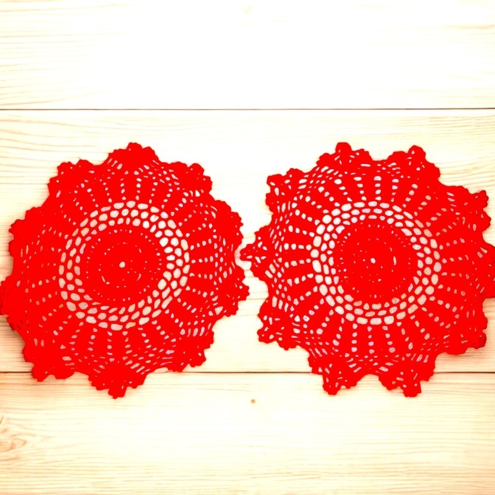 2 Vintage Red Round Cotton Doilies